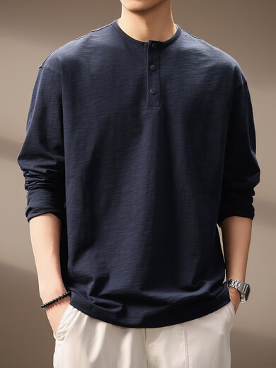 New Balance high-end bamboo cotton Henry collar long-sleeved T-shirt for men spring and autumn new loose casual top men's pure cotton bottoming shirt Royal Blue XL suitable for 150-170 Jin Jin equals 0.5 kg