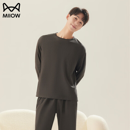 MiiOW New Couple Pajamas for Men and Women Spring and Autumn Waffle Long Sleeve Round Neck Pullover Solid Color Wearable Outerwear Home Clothing Set Black - Male L