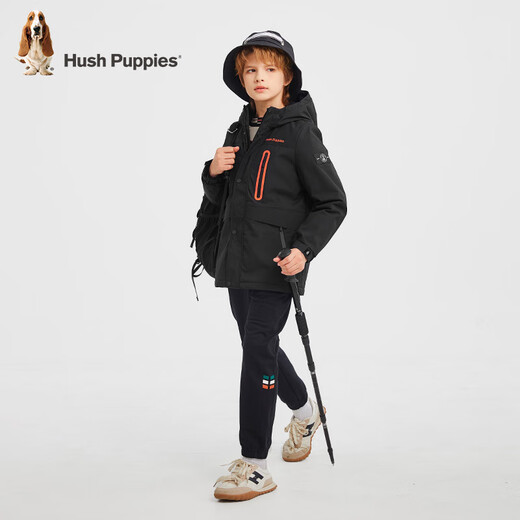 Hush Puppies children's clothing boys' three-proof plus velvet windbreaker autumn and winter children's warm outdoor thick coat diamond black 150