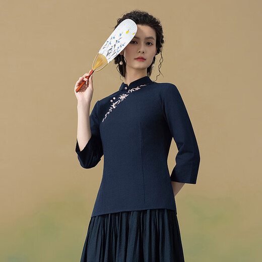 生活在左2025秋季新品100%棉绣花国风气质衬衣女 藏青色 L