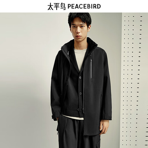 PEACEBIRD Men's 2025 Spring New One-hand Long Windbreaker Men's B1BEF1423 Black 1 S