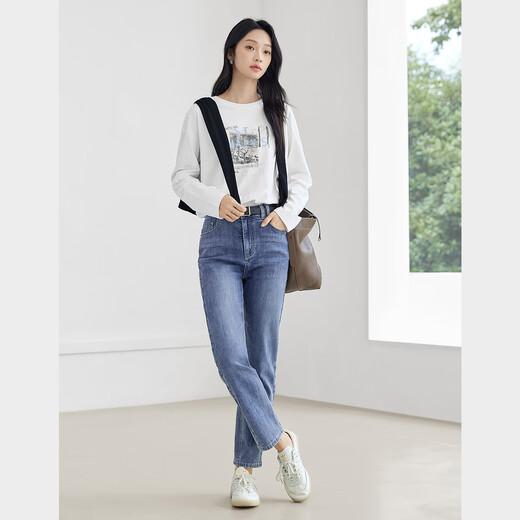 Dialog Einfache schlanke neun-Punkte-Jeans für Frauen 2025 Herbst neue kleine lässige Pendlerstifte Fußhose Denim Blue 27
