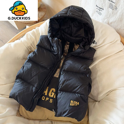 G.DUCKKIDS儿童棉马甲冬季男女童加厚连帽背心2025新款中大童保暖外穿马夹 黑色 150 cm