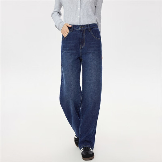 Giordano whiskers jeans for women autumn and winter pure cotton semi-elastic waist retro straight jeans 13415152