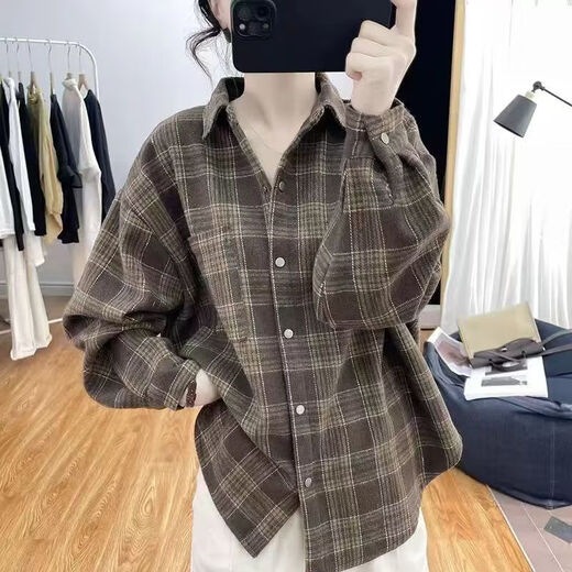 Gobanya lazy style velvet thickened plaid shirt for women retro simple casual loose lapel winter warm shirt jacket blue plus velvet L 90-110Jin Jin equals 0.5 kg