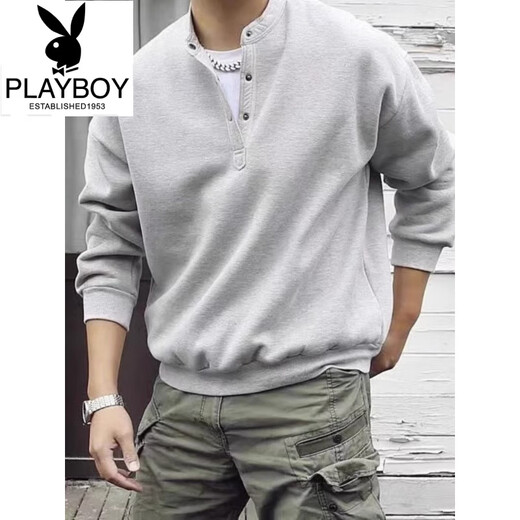 Playboy (PLAYBOY) Japanese retro autumn and winter men's Henry collar long-sleeved bottoming shirt casual loose pullover sweatshirt thickened large size men's trendy gray model high quality regular M