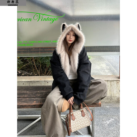 Dangrui American retro mountain carving black hooded fur collar coat for women winter thickened warm jacket cotton coat down jacket black one size fits all Please note the size