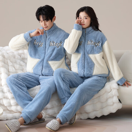 LangSha Couple Pajamas Two sets of price Winter coral velvet warm plus velvet suit casual cardigan can be worn as home clothes 3617 couple M female + L male