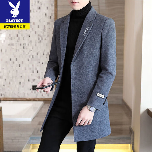 Playboy Autumn and Winter Men's Windbreaker Mid-Length Korean Slim Wool Woolen Coat Handsome and High-end Long Woolen Coat F20 Gray Cotton Thickened XL (115-130Jin Jin is equal to 0.5kg)