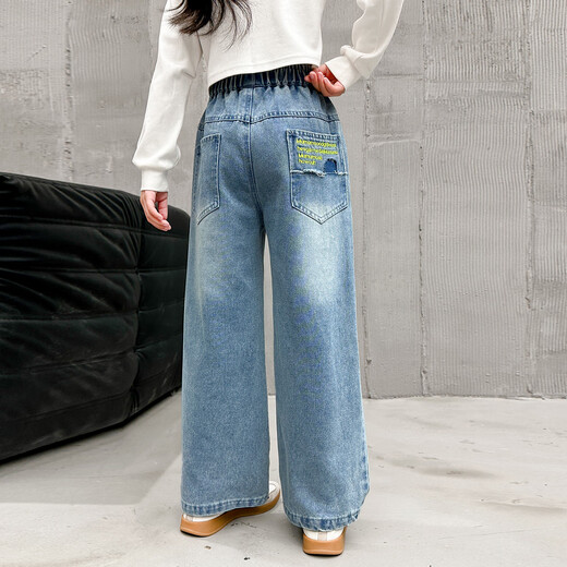 
Wooden wooden house girls' pants children's casual pants jeans spring and autumn clothing medium and large children's loose straight wide-leg pants blue 160