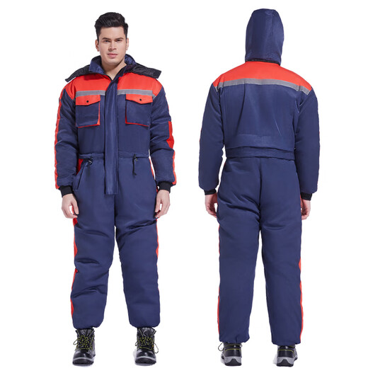 Winter fishing cold-proof clothing, cold-proof one-piece anti-freeze and warm winter fishing windproof outdoor work clothes, cotton clothing, red + navy blue 165/88A