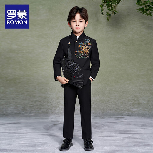 Luo Meng Boys' New Chinese Suit Jacket Tang Suit Chinese Style Tunic Suit Children's Suit Performance Clothing Black 160