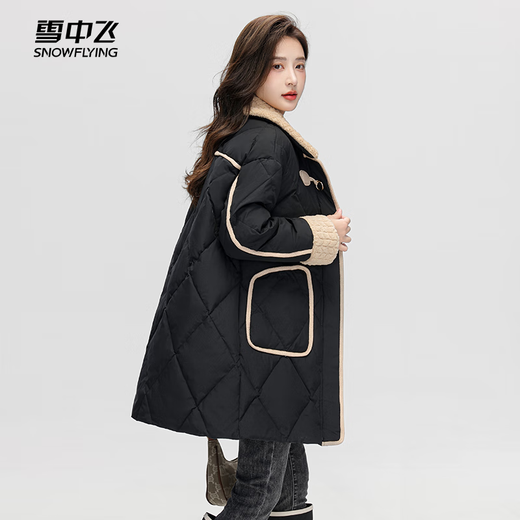 Женский пуховик «Летающий в снегу», средней длины, 2025, из овечьей шерсти с лацканами и роговыми пуговицами, модная темпераментная повседневная куртка черного цвета M