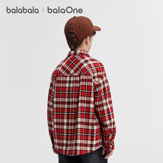 Balabala children's clothing boys' shirts children's big children's clothes new autumn and winter velvet jackets warm plaid shirts versatile red tone 00366 120