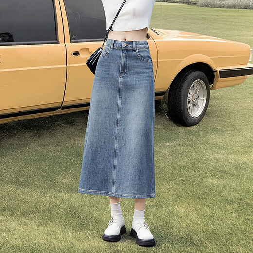 Sie schlägt Denimrock hinter dem Pool für Frauen 2025 Herbst Kleidung neue einfache Taille mit mittlerer Länge A-Line-Rock