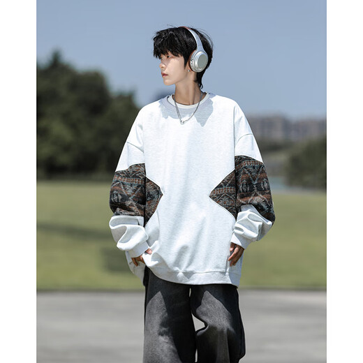 Shelley Jones national fashion sweatshirt men's autumn and winter new loose trendy round neck plus velvet retro splicing trendy brand top clothes men's black XL recommended 125-135Jin Jin equals 0.5 kg
