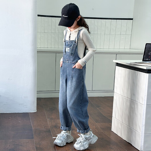 Overalls for women 2025 new little girls denim overalls trousers autumn 2024 children medium and large children one-piece pocket overalls + pit hoodie suit 130 cm recommended height 1.2c