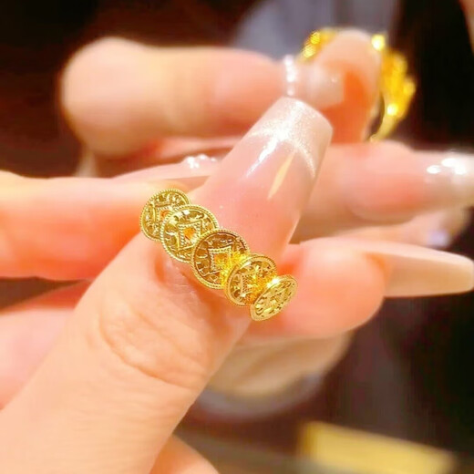 Wanke Lao Phoenix 999 New 18K Gold Five Emperors Copper Coin Ring Women's Ancient Method Opening Adjustable Imitation Money