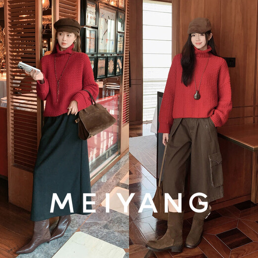 MEIYANG Instant Noodles Sweater Wool Cashmere Blended Interesting Texture Turtleneck Sweater Loose White Winter New Style Red M