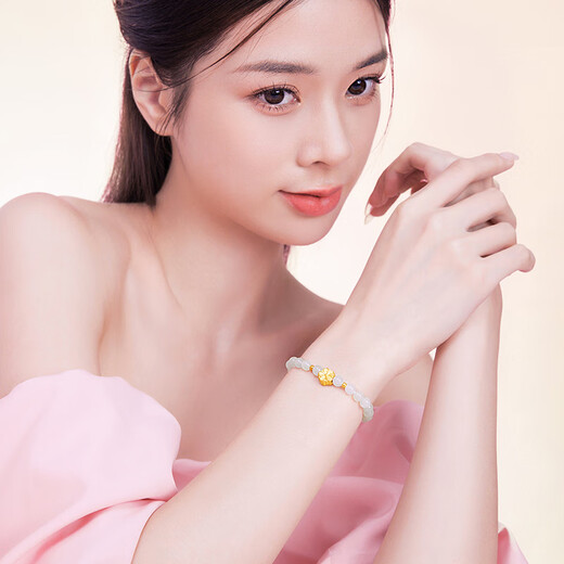 Saturday Blessing 3D Hard Gold Pure Gold White Jade Peach Blossom String White Jade and Tian Jade Bracelet for Women Y1911688 17cm New Year Gift