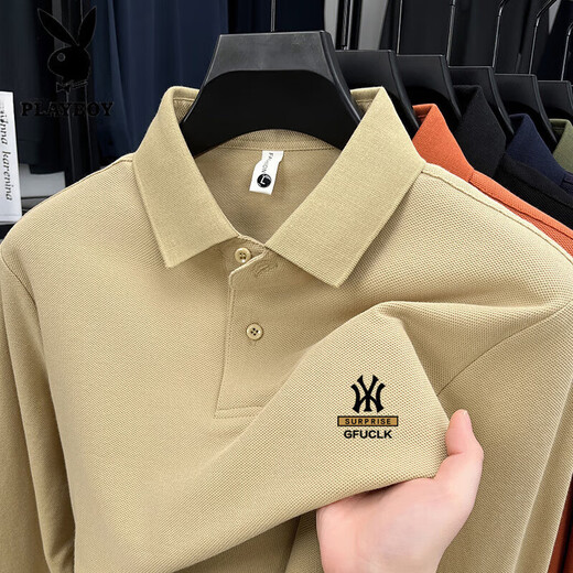 Playboy (PLAYBOY) high-end 100% cotton long-sleeved T-shirt men's spring and autumn sweatshirt men's 2025 new daddy round neck top bottoming shirt dark gray NY 2XL 150-165Jin Jin equals 0.5 kg to wear