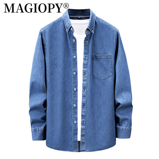 MAGIOPY high-end brand men's high-end sand-washed denim pure cotton lapel long-sleeved shirt spring and autumn shirt light blue XL 130-145Jin Jin equals 0.5 kg