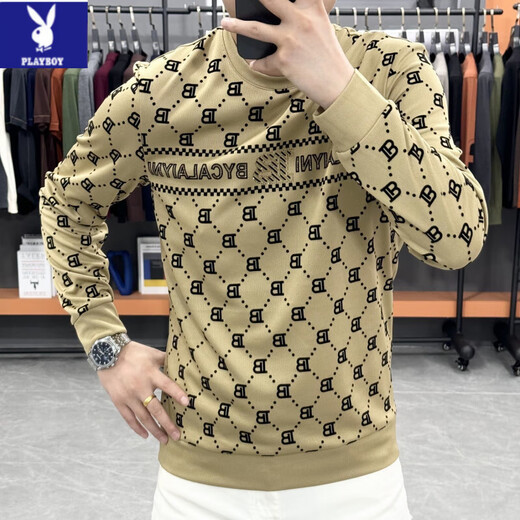 Playboy (PLAYBOY) high-end European goods full-print ironing sweatshirt for men spring and autumn casual fashion luxury trendy brand round neck long sleeve T-shirt for men 6625 black 2XL