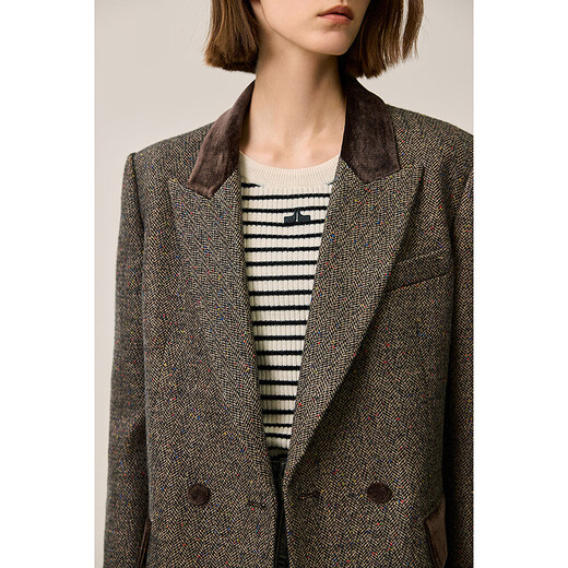 LILY2025 new winter style wool retro Maillard colorful dot velvet waist temperament commuter suit jacket for women 710 coffee M