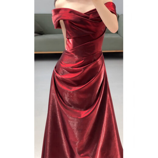 Wutuo one-shoulder toast dress burgundy wedding evening dress female host engagement banquet light luxury bride burgundy M