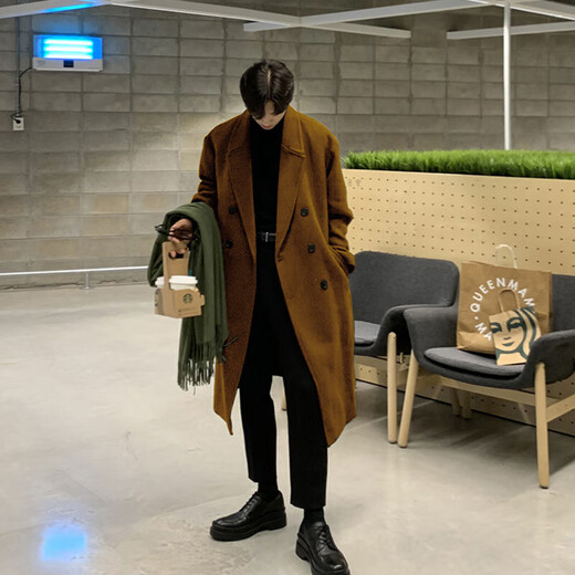 Woolen coat men's loose winter thickened woolen coat mid-length windbreaker Korean style over-the-knee men's coat coat black XL