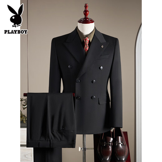 Playboy Double Breasted Wool Suit Men's Suit Business Formal High Quality Slim Plus Size Groom Wedding Suit Three Piece Black Suit+Trousers+Vest L (110-125Jin Jin equals 0.5kg)