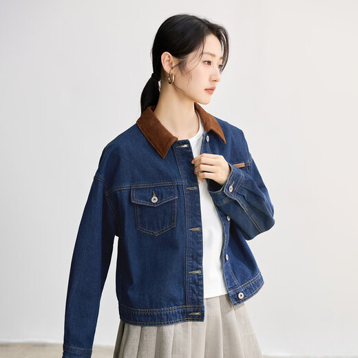 茵曼（INMAN）纯棉撞色翻领牛仔外套女2025秋季时尚复古百搭宽松夹克上衣 深牛仔蓝 M