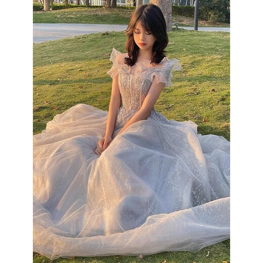 Ayub high-end evening dress women's one-shoulder adult ceremony banquet temperament slimming light luxury niche art test host skirt S