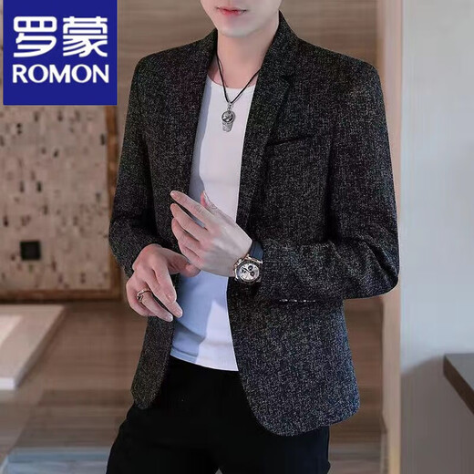 Luo Meng men's casual small suit spring, autumn and winter plus velvet Korean style slim plaid suit handsome single suit jacket trend 613 black M 85-105Jin Jin is equal to 0.5 kg