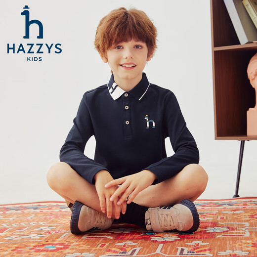 HAZZYS children's clothing boys and girls POLO shirt autumn new lapel casual long-sleeved T-shirt navy 130