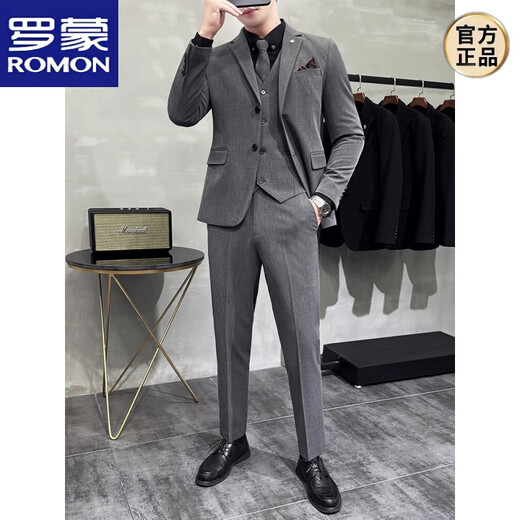 ROMON Groom's Suit Men's Business Professional Formal Wedding Dress Casual British Style Slim Suit Jacket Medium Gray Two-Button 3-piece Suit + Vest + Pants L 110-122 Jin Jin equals 0.5 kg Wear