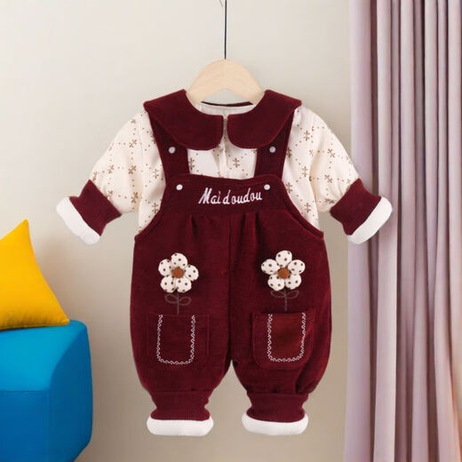 G.duck冬装婴儿可开档棉衣棉服娃娃领甜美婴幼儿女童秋冬背带裤夹棉套装 桃红 【花朵背带】 90 (70-80cm22斤以内)