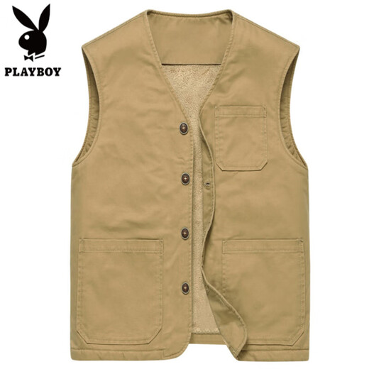 花花公子高端纯棉马甲男秋冬加绒加厚中老年男士无领马夹宽松背心大码坎肩 米白色 M 【90-105斤】