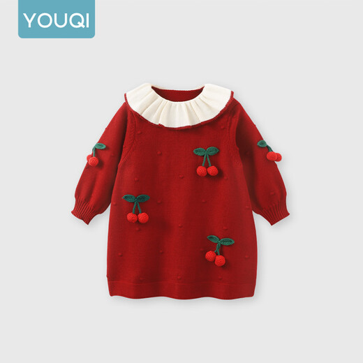 
Youqi girls red sweater dress autumn clothes fashionable children's princess dress little girl one year old baby weekly dress red 90
