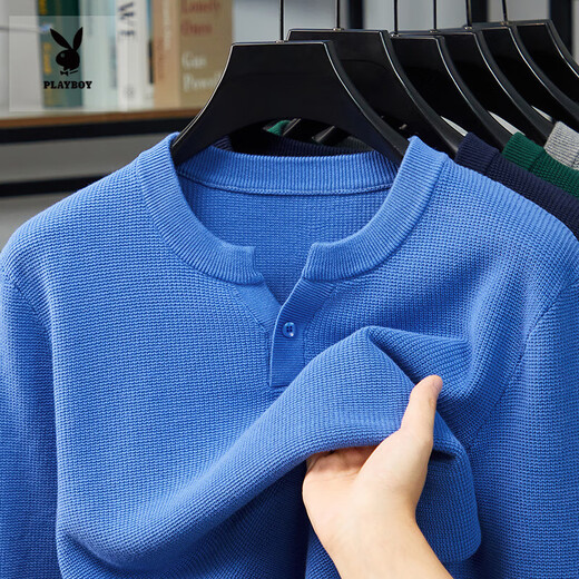 Playboy (PLAYBOY) pure cotton Henry collar long-sleeved sweater men's spring and autumn new casual simple solid color V-neck bottoming shirt white M 165 ((recommended 100-120)