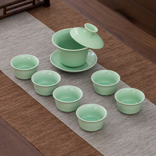 Celadon handle teapot Kung Fu tea set ceramic household simple teapot tea cup complete set Japanese style small set 7-head celadon hand holding pot flat cup