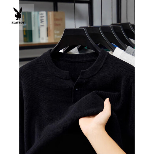 Playboy (PLAYBOY) pure cotton Henry collar long-sleeved sweater men's spring and autumn new casual simple solid color V-neck bottoming shirt white M 165 ((recommended 100-120)