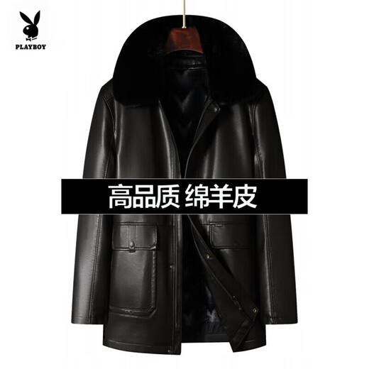 Playboy middle-aged and elderly men's genuine leather coat with velvet and thickened large size men's mid-length parka coat men's sheepskin jacket black ordinary fur collar 3XL 190 180-200Jin Jin is equal to 0.5 kg wear