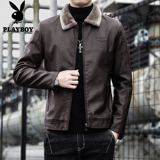 Playboy (PLAYBOY) Haining Haining Leather Men's Autumn and Winter Thickened Warm Jackets Young and Middle-aged Fur Collar Soft Leather Jackets Winter Men's Black Velvet Thickened L Recommended 115-130 Jin Jin equals 0.5 kg