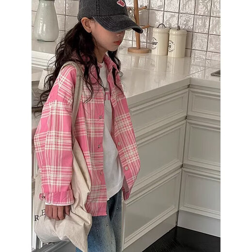 Girls Spring and Autumn Plaid Shirt 2025 New Autumn Korean Children's Shirt Jacket Girls Older Long Sleeve Top Trendy Pink 150