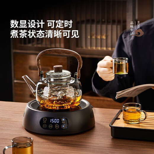 Yihutea (YIHUTEA) glass tea kettle, electric ceramic stove, tea making set around the stove, household kettle, large capacity tea making health pot, ten-piece tea making set, transparent pot + digital display black stove + 6 cups + cup holder + tea tray
