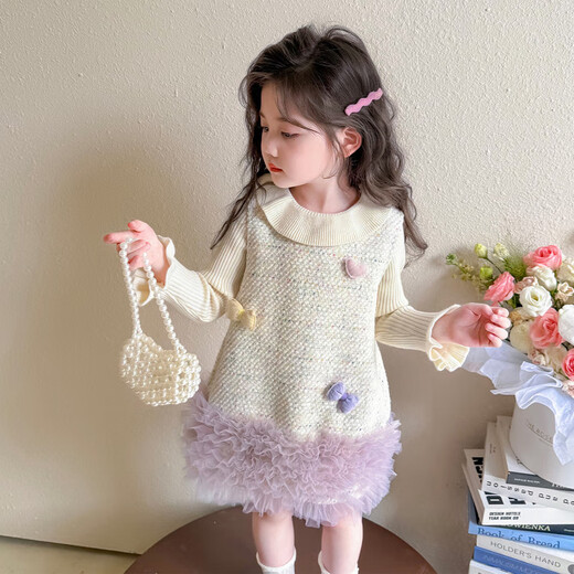 G.duck Little Yellow Duck Girls Dress Autumn 2025 New Children's Little Fragrance Princess Dress Set Girls Autumn and Winter Sweater Little Fragrance Three-dimensional Vest Skirt Two-piece Set 120 (recommended 105-115cm 4-5.2 years old)