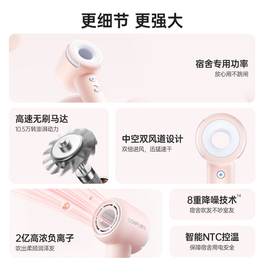 CONFU high-speed hair dryer student dormitory 1000w low-power household negative ion hair care quick-drying birthday gift leafless hair dryer F9Air Youth Edition Powder