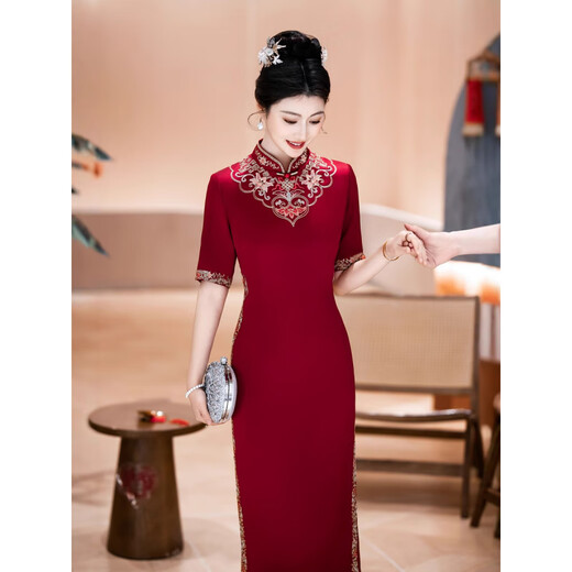 Rabbit style etiquette dress cheongsam Ao Dai cheongsam dress improved version cheongsam catwalk performance long cheongsam dress burgundy 2XL