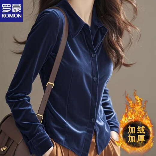 ROMON's new winter style French unique and beautiful top, fashionable, luxurious, high-end, super nice yellow velvet shirt, yellow plus/velvet plus/thick M 100-110Jin Jin equals 0.5 kg